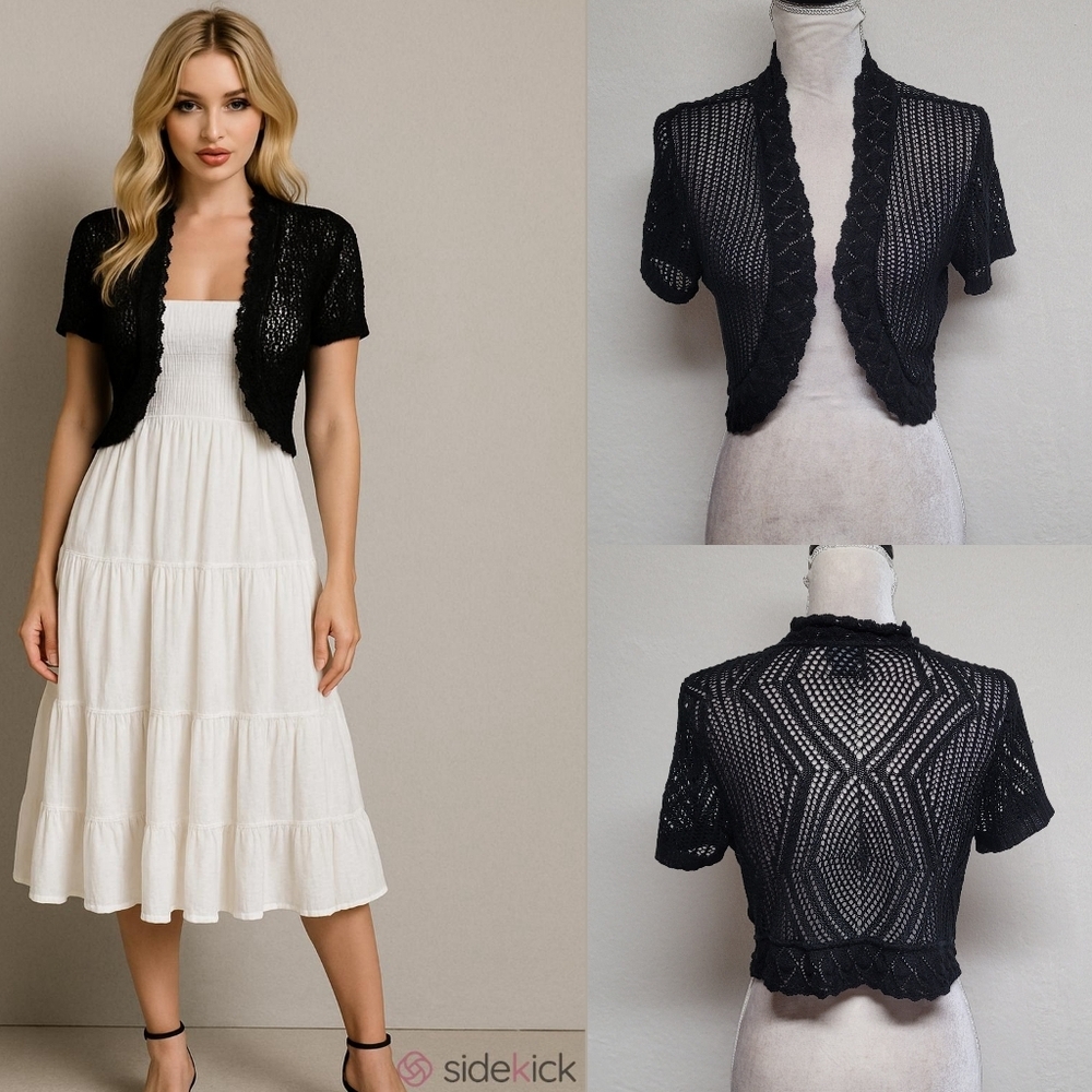 Whimsigoth Vintage 90s Black Crochet Knit Scalloped Crochet Trim Cropped Bolero